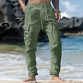 baratos Feriado-Homens Calças Cargo Calças de linho Calças Calça verão Cintura elástica Com Cordão Bolso multi Tecido Conforto Respirável Comprimento total Casual Diário Feriado Férias Moda Preto Branco Sem
