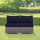 cheap Patio Cushions Cover-2-Piece Patio Armless Sofa Cover Set, Outdoor Sectional Sofa, All-Weather Grey PE Wicker Rattan Conversation Sofa, Outdoor Loveseat, Patio Seating for Balcony Garden Pool
