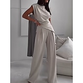 cheap Women&#039;s Blouse Suits-Women&#039;s Fashion Streetwear Daily Pants Sets Sleeveless Round Neck Solid Color Ruched Casual Daily Dark Grey Black White Spring Loose Fit