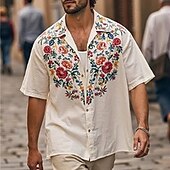 preiswerte Freizeithemden für Herren-Herren Hemd Sommerhemd Freizeithemd Strandhemd Knopfhemd Hellkaki Kaki Beige Kurzarm Blumen Revers Urlaub Hawaiianisch Druck Bekleidung Polyester Mode Lässig Bequem