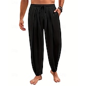 cheap Holiday-Men&#039;s Linen Pants Summer Pants Beach Pants Harem Pants Pocket Elastic Waist Drawstring Plain Comfort Breathable Calf-Length Vacation Daily Holiday Hawaiian Boho Black White