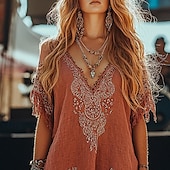 tanie Sukienki boho-Damskie Sukienka mini Sukienka Boho Strój zachodni Klasyczny Nowoczesny Na zewnątrz Urlop Codzienny Regularny Kwiat Krótki rękaw W serek Czerwonobrązowy Lato