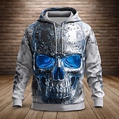 billiga Halloween Huvtröjor &amp; Sweatshirts-Herr Dödskalle Huvtröjor Tröja Ytterkläder Huvtröja Rund hals Häftig 3D-tryck Nattklubb Streetwear Rubinrött Blå Snörning Höst Vinter Designer
