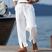 baratos Feriado-Homens Calças de linho Calças Calça verão Calças largas Com Cordão Cintura elástica Fenda Tecido Conforto Respirável Comprimento total Casual Diário Feriado Férias Moda Preto Branco Sem Elasticidade