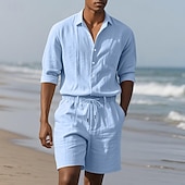 abordables Ensembles t-shirts-Homme Ensembles T-shirt Tenues 2 pièces Ensemble Short manche longue Revers Été Uni Mode Occasionnel 2 pièces Vacances Tenue quotidienne Sortir Noir Blanche Kaki T-shirt haut de gamme pour homme
