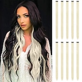 baratos Clip nas extensões-Extensões de cabelo coloridas com clipe - 10 peças de cabelo loiro bege com mechas, apliques sintéticos lisos com clipe para mulheres de 22 polegadas