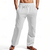 cheap Classic-Men&#039;s Linen Pants Trousers Summer Pants Beach Pants Pocket Elastic Waist Drawstring Striped Comfort Breathable Vacation Daily Holiday Hawaiian Boho Black White