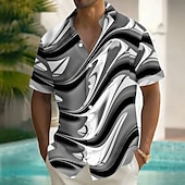 cheap Geometric Pattern-Men&#039;s Geometric Waves Shirt Summer Shirt Button Up Shirt Short Sleeve Fashion Casual Vacation Holiday Streetwear Summer Turndown 3D Print Front One Pocket Linen Like Shirt Yellow Blue Purple Green