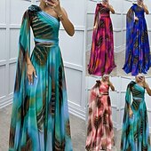 abordables Robes fleuries élégantes-Femmes Robe Longue Maxi Robe Robe de Bal Robe de Soirée Élégant Mode Soirée Occasion Spéciale Coupe régulière Fleur Manche Courte Une Épaule Rose Claire Rouge Bleu Été