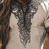 tanie Koszula Vintage-Męskie Koszula lniana Koszula Popover Letnia koszula Koszula w stylu vintage Koszulka z krótkim rękawkiem Koszula etniczna Niejednolita całość Urlop Ulica Khaki Krótki rękaw W serek Lato Odzież