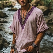 preiswerte Urlaub-Herren Leinenhemd Sommerhemd Vintage-Shirt Kurzarmshirt Ethno-Hemd Patchwork Urlaub Straße Purpur Kurzarm V Ausschnitt Sommer Bekleidung Ethnisch &amp; Religiös