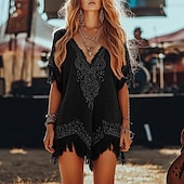 tanie Sukienki boho-Damskie Sukienka mini Sukienka z frędzlami Sukienka z nadrukiem Moda Klasyczny Nowoczesny Na zewnątrz Urlop Codzienny Regularny Kwiat Krótki rękaw W serek Czarny Lato