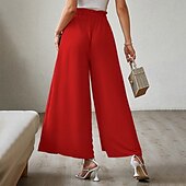 baratos perna larga e cintura alta-Mulheres Perna larga Calças Roupa de rua Casual Comprimento total Natural Tecido Bolsos Com Cordão Design de cordão elástico Exterior Confortável Final de semana Streetwear Magenta Camelo Adamascado