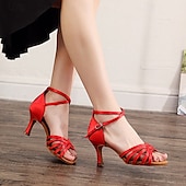 abordables Chaussures de danses latines-Chaussures de danse latine à talons en satin pour femmes – Chaussures de salsa à lanières avec bride à la cheville pour les performances et les entraînements