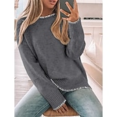 preiswerte Einfarbige Farben-Damen Pullover Lässig Weich Einfarbig Gerippt Rundhalsausschnitt Patchwork Gestrickt Langarm Normale Oberteile Stricken Outdoor Täglich Wochenende Grün Khaki Herbst Winter