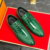 abordables Officiel-Chaussures à lacets en cuir verni vert pour hommes – chaussures habillées brillantes avec une finition polie, idéales pour les mariages et les soirées