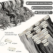 abordables Clip dans les extensions-Extensions de cheveux à clipser 24 pouces 8 pièces mélange noir naturel gris argenté extensions de cheveux synthétiques longs ondulés extensions à clips épais double trame pour femmes