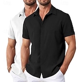 preiswerte Klassiker-Herren Hemd Leinenhemd Sommerhemd Freizeithemd Strandhemd Knopfhemd Einfach Urlaub Lässig Weiss + Rosa Weiß + Grün Khaki + Schwarz Grün+Khaki Kurzarm Kragen Sommer Bekleidung Rein