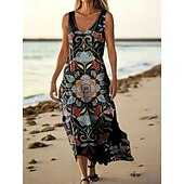 abordables Robes Floraux Imprimés-Femmes Robe Longue Maxi Robe Robe Décontractée Robe débardeur Robe d&#039;été ancien Quotidien Fête Plage Coupe régulière Fleuri Sans manches Col en V Rose Claire Aqua bleu Noir Rose Claire Été