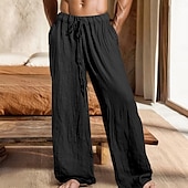 cheap Home-Men&#039;s Linen Pants Trousers Summer Pants Baggy Pants Elastic Waist Drawstring Straight Leg Plain Comfort Breathable Full Length Casual Daily Holiday Vacation Fashion Black White Inelastic