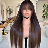 baratos Perucas de seda frontais de cabelo natural-Cabelo humano remy Fechamento 5x5 13x4 Lace Front Peruca Com Franjas Cabelo Vietnamita Liso Marrom Multi Cores Peruca 130% 150% Densidade do Cabelo com o cabelo do bebê Cabelo com Luzes / Reflexos