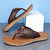billige Ferietøfler-herrebrune flip-flops i kunstskinn med vevd mønsterrem, myk EVA-såle, komfortabel for feriested og hverdagslige sommerantrekk