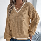 preiswerte Einfarbige Farben-Damen Pullover Lässig Farbblock Gerippt V Ausschnitt Patchwork Gestrickt Langarm Normale Oberteile Stricken Täglich Ferien Ausgehen Weiß Blau Herbst
