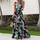 preiswerte Druck Blumen Kleider-Damen Langes Kleid Maxikleid Freizeitkleid Schwingkleid Sommerkleid Unterkleid Elegant Mode Modern Täglich Strand Wochenende Normale Passform Blume Ärmellos Rundhalsausschnitt Schwarz und Wei