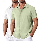 preiswerte Klassiker-Herren Hemd Leinenhemd Sommerhemd Freizeithemd Strandhemd Knopfhemd Einfach Urlaub Lässig Weiss + Rosa Weiß + Grün Khaki + Schwarz Grün+Khaki Kurzarm Kragen Sommer Bekleidung Rein