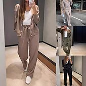 cheap Women&#039;s Blouse Suits-Women&#039;s Fashion Streetwear Daily Pants Sets Long Sleeve V Neck Plain Casual Daily Black Army Green Blue Fall Regular Fit