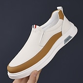 billige Sneakers til herrer-hvite slip-on-sneakers for menn med brune detaljer og komfortabel gummisåle – fritidssko for hverdagsbruk og helgetur