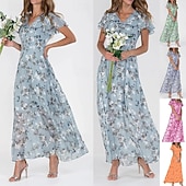 preiswerte Elegante Blumenkleider-Damen Midikleid Cocktailkleid Chiffonkleid Blumenkleid Druckkleid Mode Modern Outdoor Urlaub Teegesellschaft Normale Passform Blume Kurzarm V Ausschnitt Blau Grün Leicht Blau Sommer