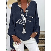 cheap Shirts-Women&#039;s Cotton Linen Shirts Dragonfly Basic Casual Long Sleeve V Neck Regular Tops Daily Print Black Navy Blue Sky Blue Summer Fall