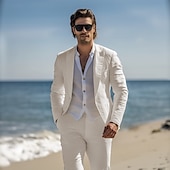 cheap Beach Suits-Men&#039;s Beach Wedding Linen Suits White Beige Lightweight Casual Solid Colored Standard Fit 2 Piece Single Breasted One-button