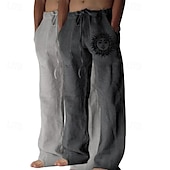 baratos Clássico-Homens Calças de linho Calças Calça verão Calças largas Calças de praia Com Cordão Cintura elástica Perna reta Gráfico Sol Respirável Macio Comprimento total Ao ar livre Casa Casual Moda Roupa de rua