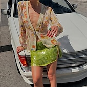 preiswerte Blumenoberteile-Damen Rock Glitzernder Rock Mode Mini Mittlere Hüfthöhe Röcke Einfach Pailletten Mikroelastisch Party Cocktailparty Gelb Grün Sommer Polyester