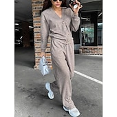 cheap Women&#039;s Blouse Suits-Women&#039;s Fashion Streetwear Daily Pants Sets Long Sleeve V Neck Plain Casual Daily Black Army Green Blue Fall Regular Fit