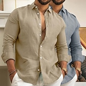 cheap Home-Men&#039;s Linen Shirt Summer Shirt Beach Wear Casual Shirt Button Up Shirt Plain Vacation Daily White+Green Green+Khaki Gray+Khaki Pink+Navy Blue Long Sleeve Lapel Summer Spring Clothing Apparel