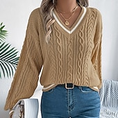 preiswerte Einfarbige Farben-Damen Pullover Lässig Farbblock Gerippt V Ausschnitt Patchwork Gestrickt Langarm Normale Oberteile Stricken Täglich Ferien Ausgehen Weiß Blau Herbst
