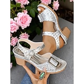 billiga Komfortsandaler-Damsandaler med guldfärgad glitter och blockklack – glittrande festskor med mellanhög klack för sommarfester, trädgårdsfester och kvällsoutfits