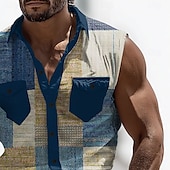 baratos camisas ocidentais dos homens-Homens Bloco de cor Retalhos Camisa Social camisa ocidental Camisa de caubói Sem Manga estilo ocidental Ao ar livre Trabalho Casual Verão Primavera Aberto para a Lateral Impressão 3D Dois bolsos