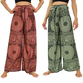 お買い得  ワイドレッグ＆ハイウエスト-女性用 ワイドレッグ パンツ カジュアル ボヘミアン 全長 ハイウエスト プリント ポケット 弾性巾着デザイン 通気性 ソフト マイクロエラスティック バケーション ストリート デイリーウェア ルビーレッド グリーン 夏 春 レギュラー