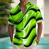 cheap Geometric Pattern-Men&#039;s Geometric Waves Shirt Summer Shirt Button Up Shirt Short Sleeve Fashion Casual Vacation Holiday Streetwear Summer Turndown 3D Print Front One Pocket Linen Like Shirt Yellow Blue Purple Green