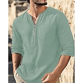 preiswerte Urlaub-Herren Hemd Leinenhemd Popover-Hemd Freizeithemd Baumwollhemd Einfach Urlaub Hawaiianisch Schwarz Weiß Braun Grün Langarm V Ausschnitt Frühling Herbst Bekleidung