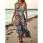 preiswerte Druck Blumen Kleider-Damen Langes Kleid Maxikleid Freizeitkleid Trägerkleid Sommerkleid afrikanisch Täglich Ferien Strand Normale Passform Blumen Ärmellos V Ausschnitt Wein Burgunderrot Marineblau Blau Sommer