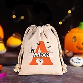 cheap Halloween-Personalized Halloween Treat Bag for Kids Custom Initial &amp; Name Candy Tote Bag Basket for Trick or Treat, Durable Canvas Gift Sack for Candy &amp; Small Toys