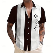 cheap Geometric Pattern-Men&#039;s Geometric Striped Color-blocking Shirt Summer Shirt Button Up Shirt Short Sleeve Fashion Casual Outdoor Vacation Dailywear Summer Spring Turndown 3D Print Collared Shirts Front One Pocket Black