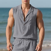cheap Vacation-Men&#039;s Shirt Linen Shirt Casual Shirt Button Up Shirt Cotton Shirt Plain Vacation Street Black White Yellow Navy Blue Sleeveless Turndown Summer Clothing Apparel Buttons