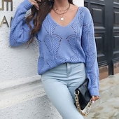 cheap Solid Colors-Women&#039;s Pullover Casual Solid Color Chunky V Neck Knitted Hole Long Sleeve Regular Tops Knit Daily Holiday Going out White Blue Summer Fall