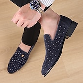 abordables Mocasines-Zapatos sin cordones de ante azul marino para hombre con detalles tachonados y detalles dorados: zapatos sin cordones de lujo para fiestas nocturnas, bodas y reuniones formales.